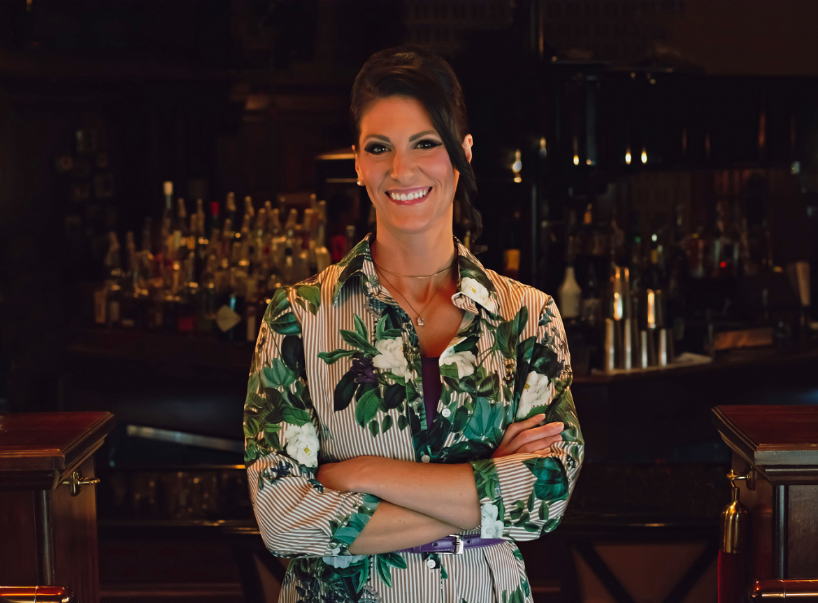 Monica Zestermann in front of Jag's bar